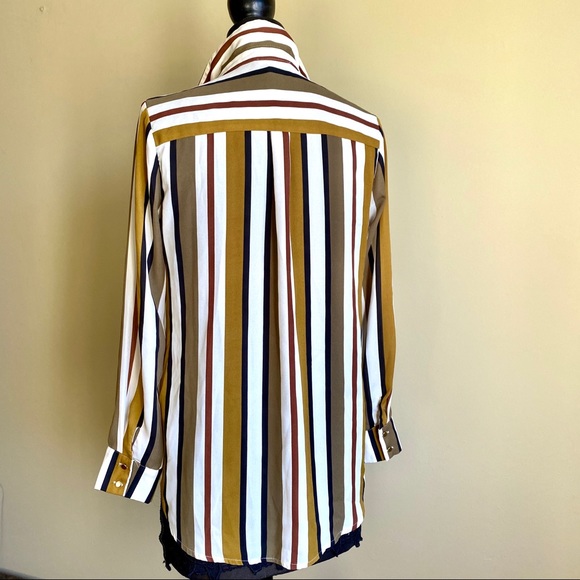 Green Olive White Stripe Long Button-down Blouse 6 - Picture 5 of 16